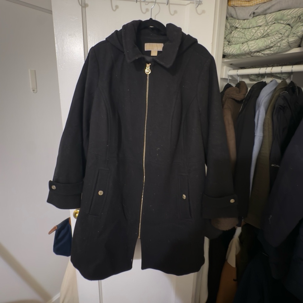 Michael Kors Plus Size Black Hooded Coat with Gold Zipper